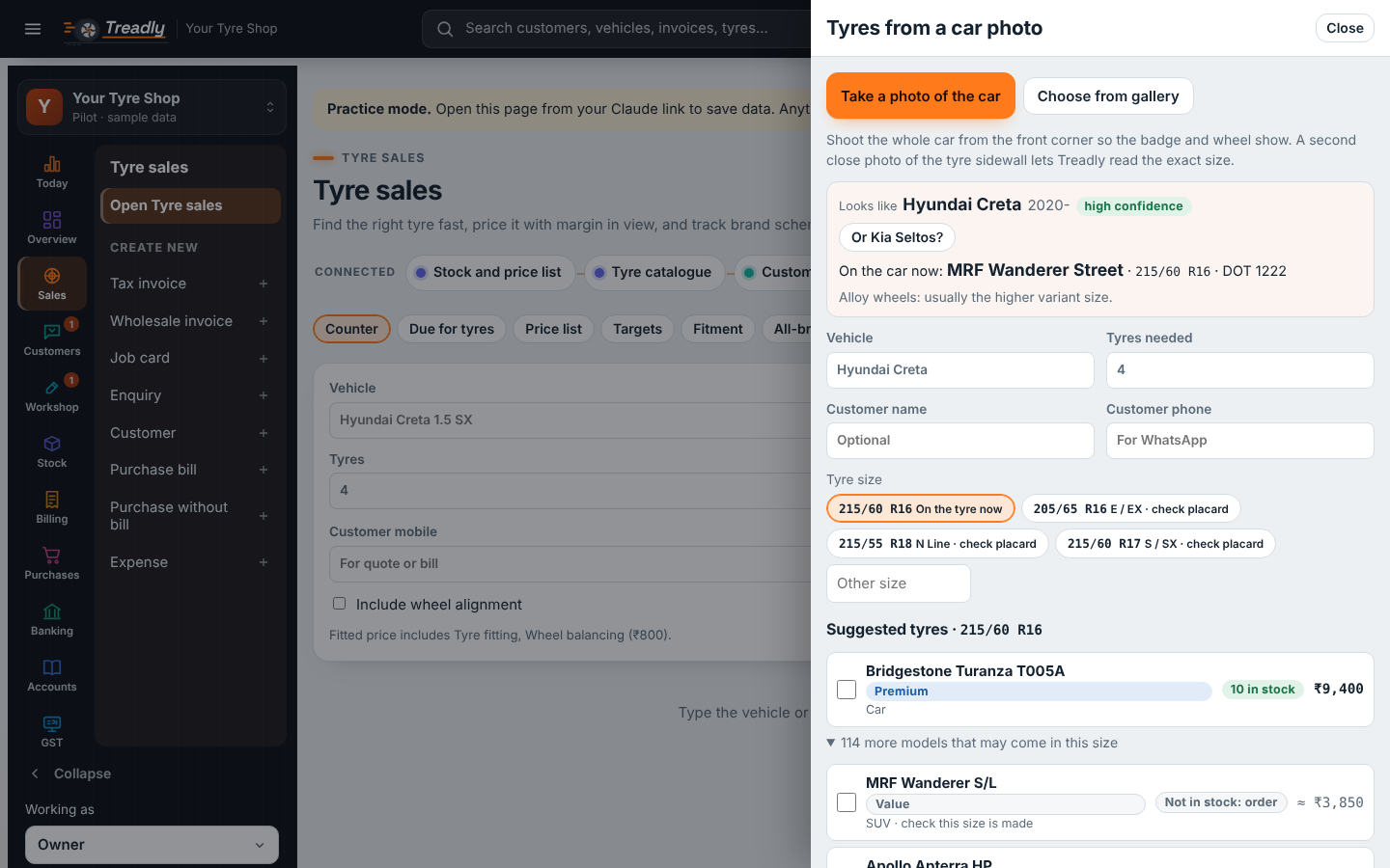 Tyre suggestions for a Hyundai Creta with price and stock